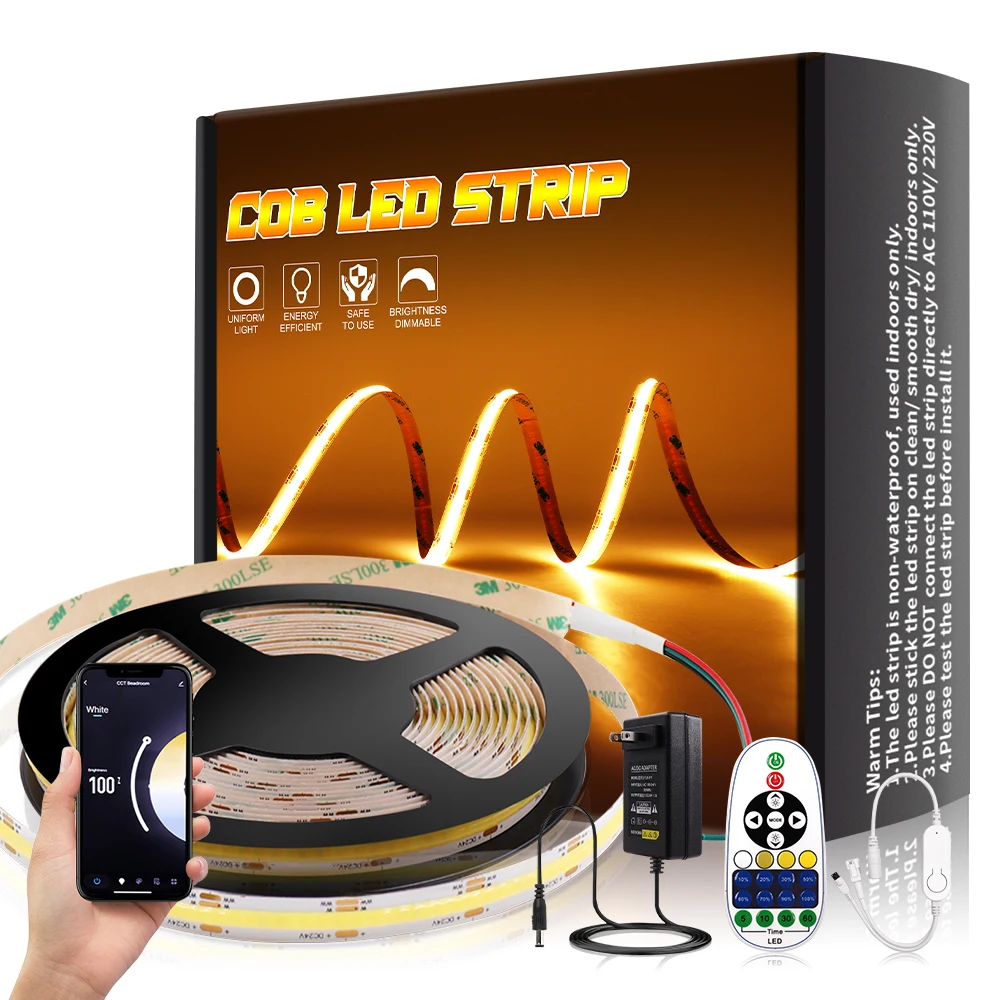 

CCT COB LED Strip Light 12V/24V CCT LED Strip Zigbee WiFi Dimmable LED Tape Work with Alexa Google Assistant Voice Control