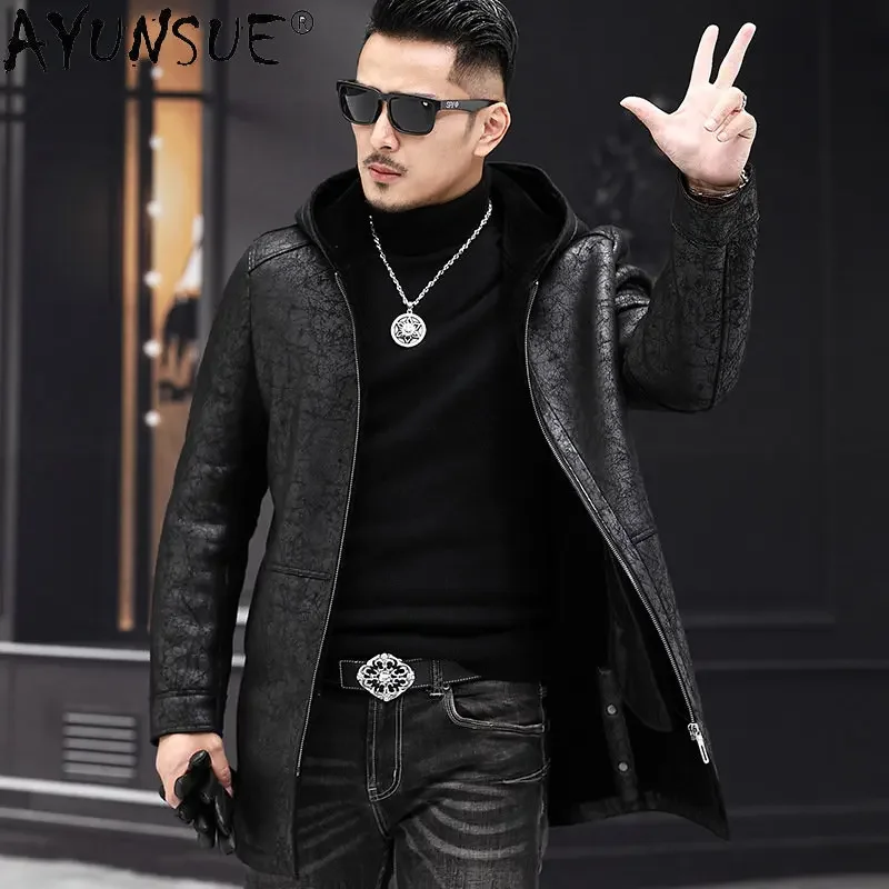 AYUNSUE Winter Coat Men 2022 Warm Hooded Jacket for Men Style 100% Wool Fur Coats Mid-length Black Wool Jackets Business Abrigos