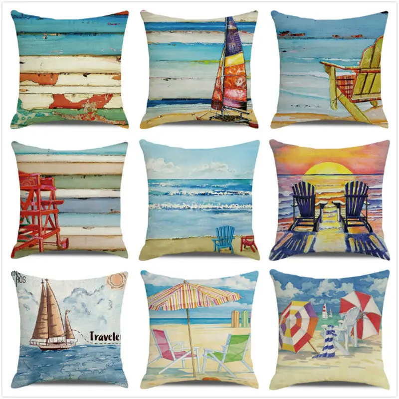 

Oil Painting Beach Pillowcase Summer Beach Sea Printed Pillow Cover Home Decorative Pillows Couch Cushion Cover fundas de cojin