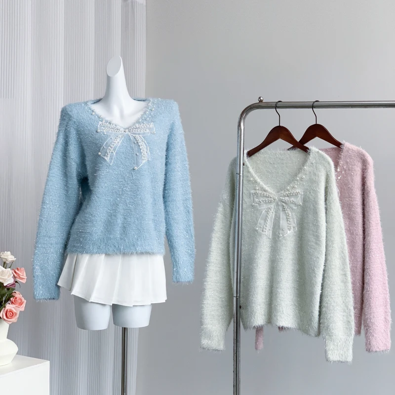 Women Pink Pullover Knitted Sweater Harajuku Aesthetic Y2k Long Sleeves V-Neck Bow Pearls Sweaters Vintage 2000s Clothes Autumn