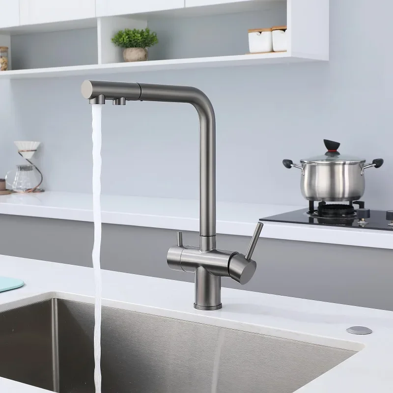 

304 Stainless Steel Kitchen Sink Faucet Pull Down Sprayer 2 Handle Filter Purifier Faucet Dual Sprayer Drinking Water Tap