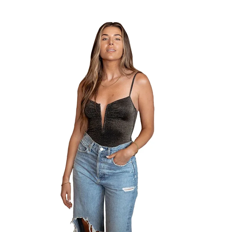2025 Summer Low Chest V Neck Strap Skinny Stretch Bodysuit Women Y2K Streetwear Wild Hot Girl Office Lady Bodysuit