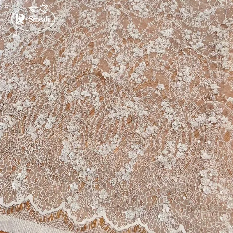 3Yards.Off White Beads Flash Sequins Lace Fabric.Luxury Evening Dress French Lace .Advanced Customization Bridal Wedding Fabric