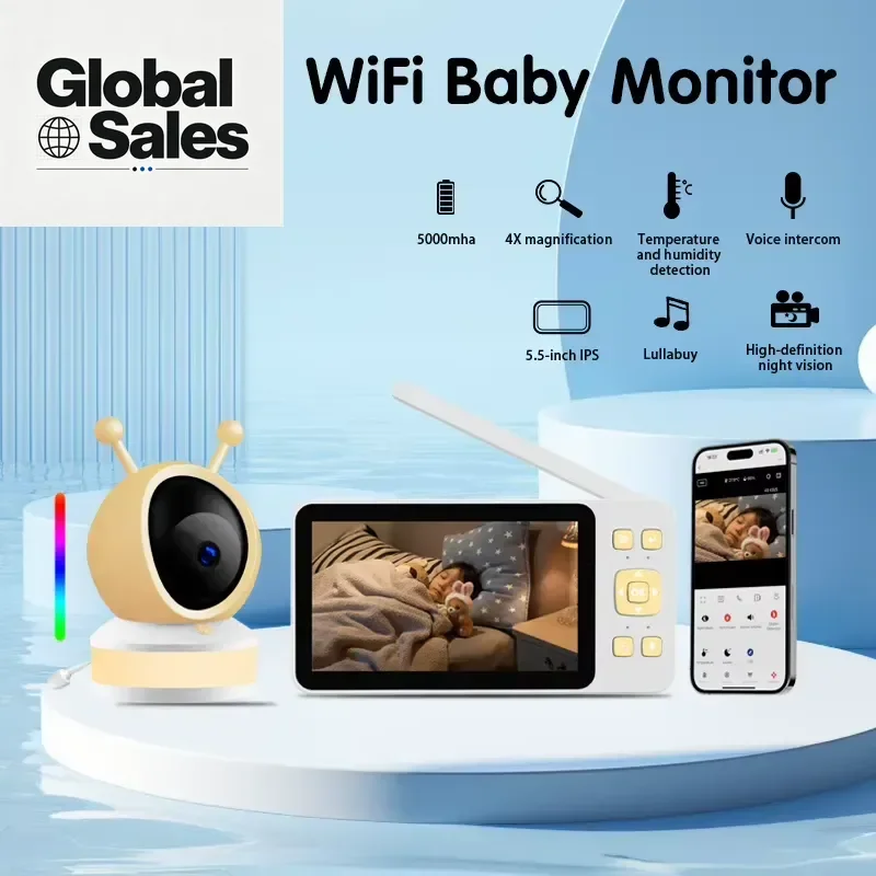 OEM 4MP WiFi Baby with 5.5 Inch Screen Cry Detection Night Vision IP65 Waterproof Cloud Storage and 8 Lullabies