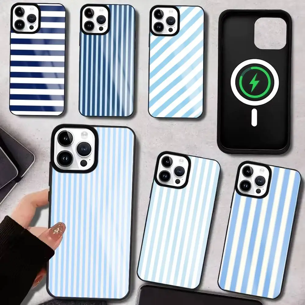 

light blue striped Phone Case For iPhone17,16,15,14,13,12,11 Plus,Pro Max, New Magnetic Wireless Charging