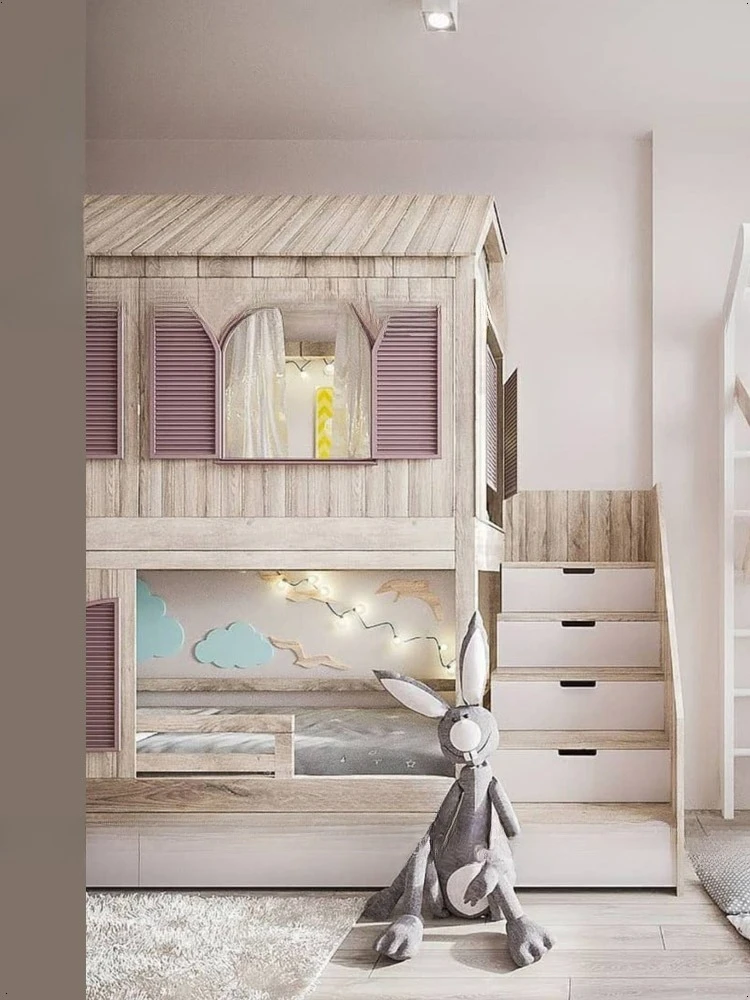 Cameretta per bambini Letto per casa sull'albero con finestra, letto a castello in legno massello b ed