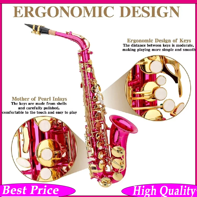 

SLADE Eb Alto Saxophone Rose Red for Beginners And Adults with Cleaning Cloth Reed Strap - Saxophone Parts And Accessories