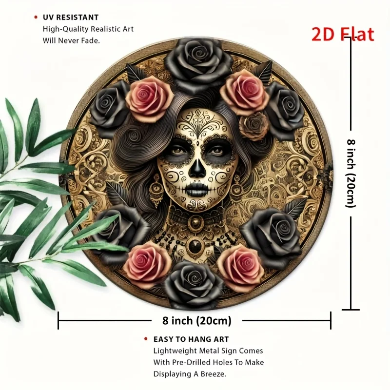 2D Flat, [2D flat]1pcs Mexican Death Skull Day and Day of the Dead art, retro-inspired aluminum circular decorative plaques, vib - Image 2