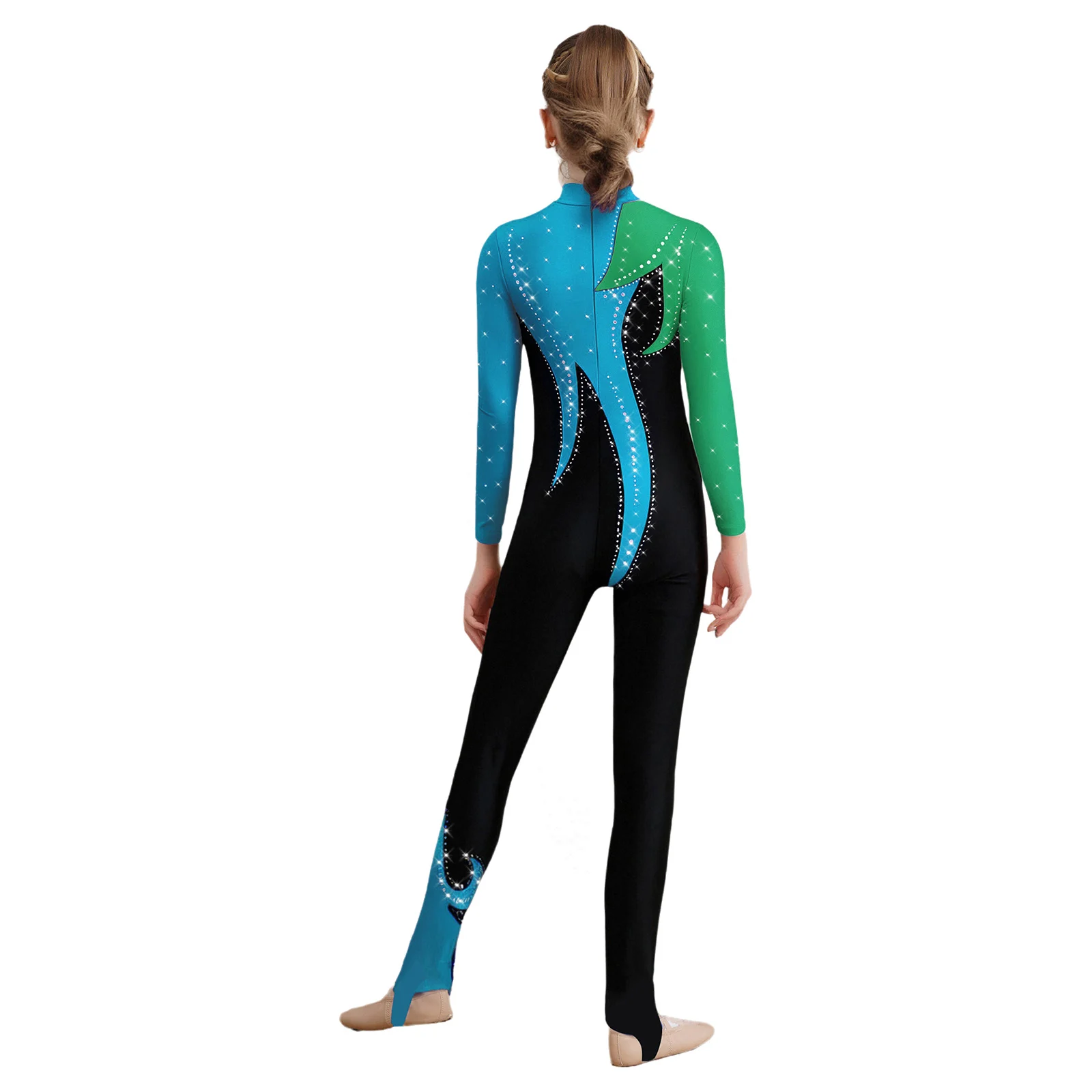 Kid Girls Color Block Gymnastics Jumpsuit Long Sleeve Shiny Rhinestones Bodysuit Full Body Leotard for Ballet Dance Yoga Skating