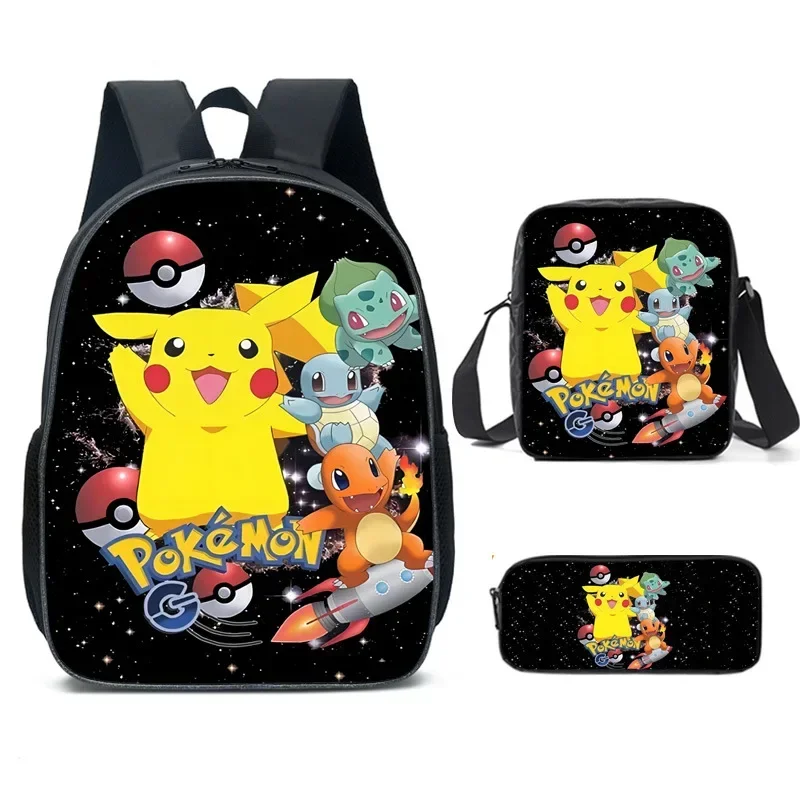 3PC-Set Pokémon SchoolBag Pikachu Backpack Polyester Comfortable Burden-reducing Student Children\'s Backpack School Bag Mochila