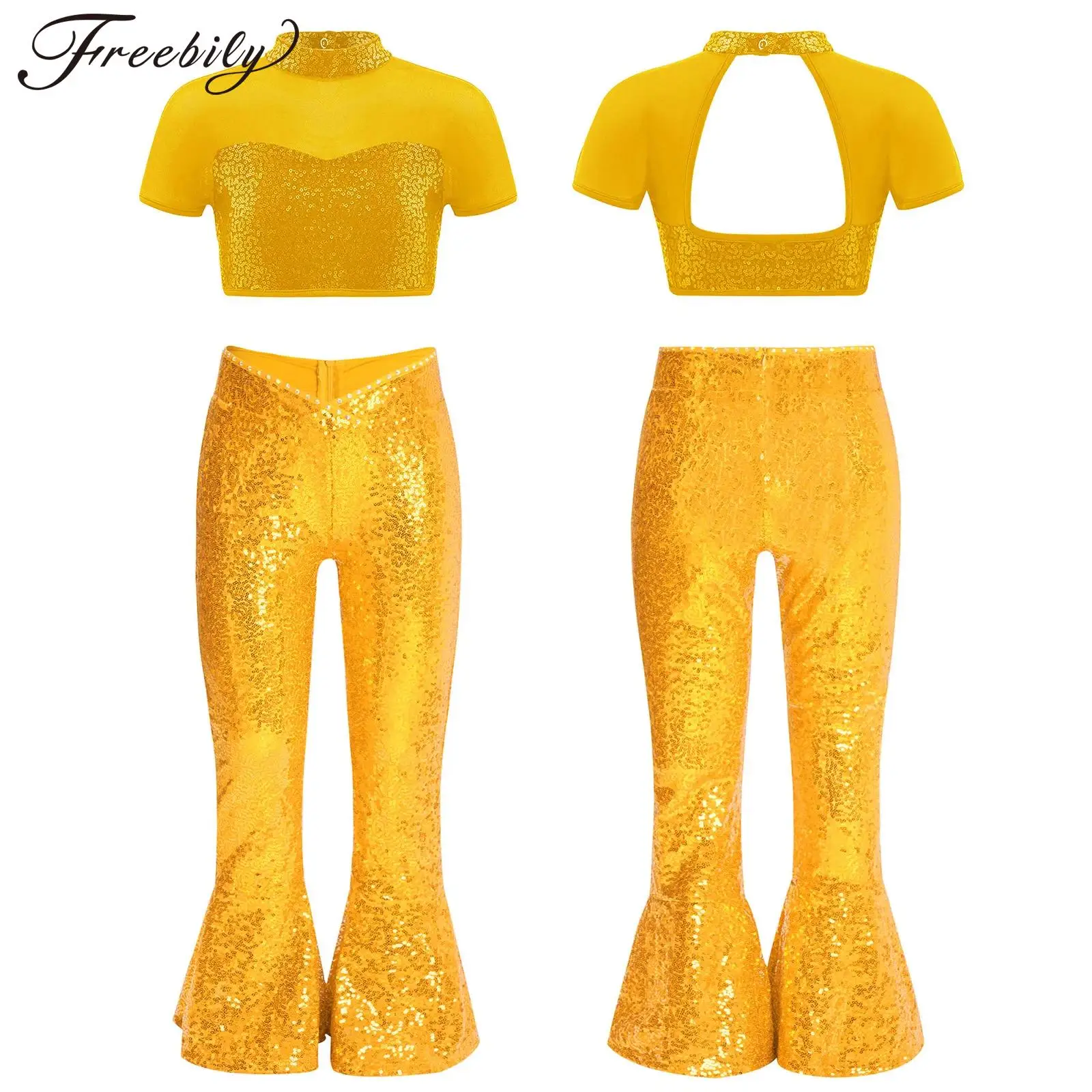 أطفال بنات لامعة الترتر الجاز الرقص الزي قصيرة الأكمام شبكة انقطاع المحاصيل الأعلى مع سستة جرس أسفل السراويل الرقص الحديث زي