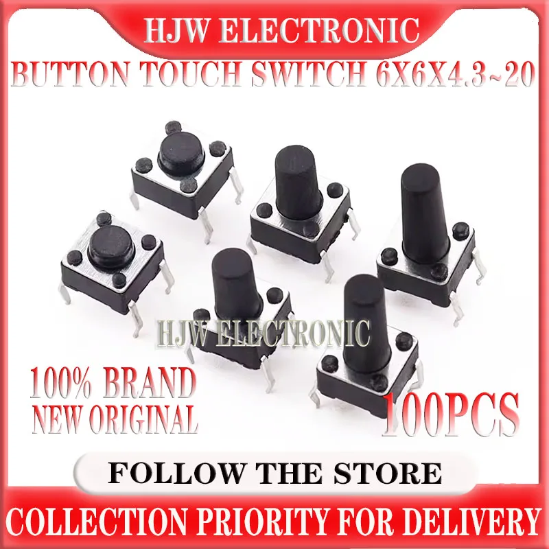 

100pcs Button Switch 6x6x4.3 6x6x5 6x6x6 6x6x7 6x6x8 Button Dip 4pin Light Switch Dip4 High Quality 6*6*5