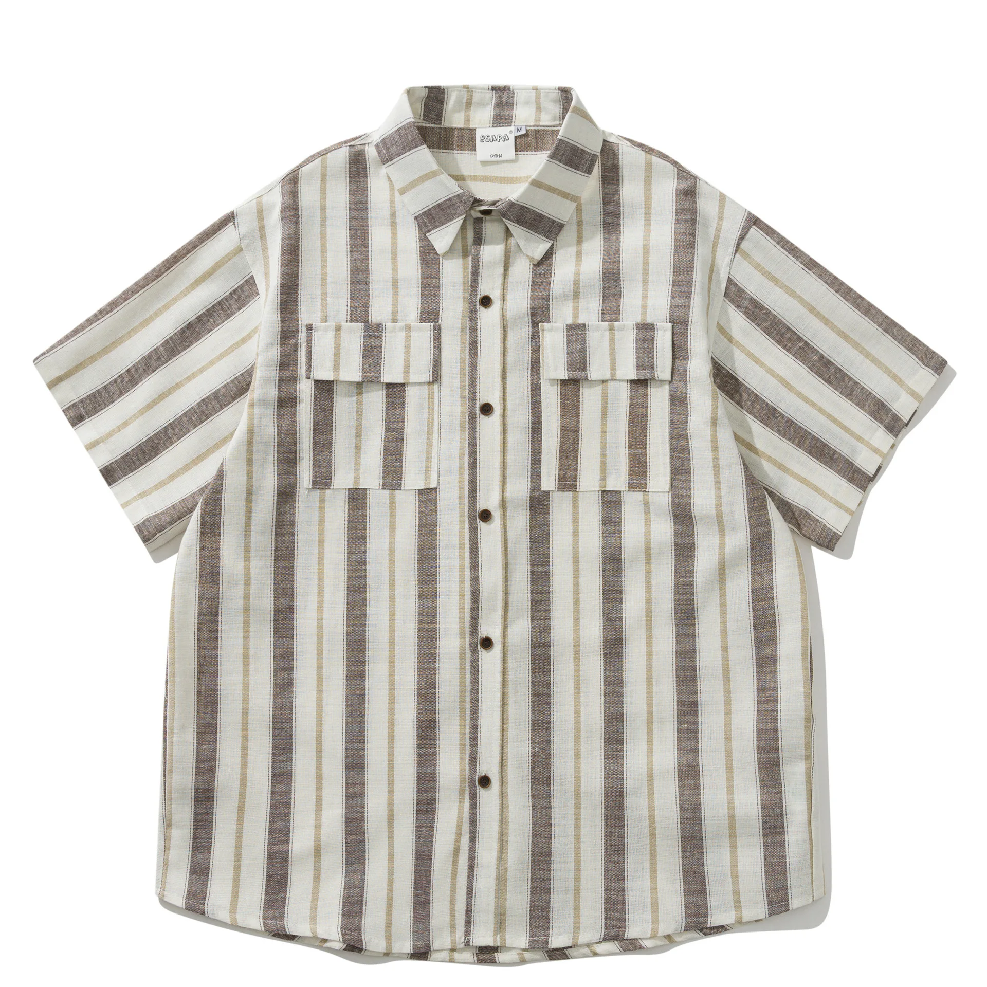 Summer Japanese Retro Amekhaki Striped Pocket Patchwork Workwear Shirt Men and Women's Loose Five