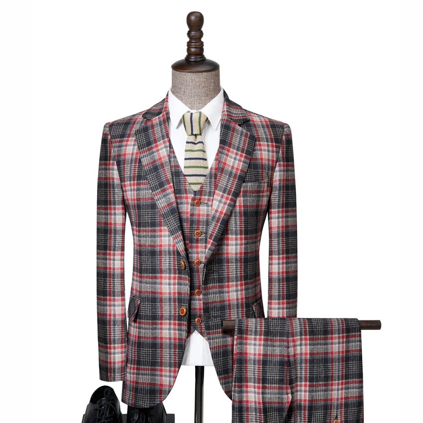 

New Tweed Men Suits Tailored Plaid Terno Wedding Suit 2 Buttons Groom Tuxedos 3 Suit Custom Made (Jacket+pants+vest)