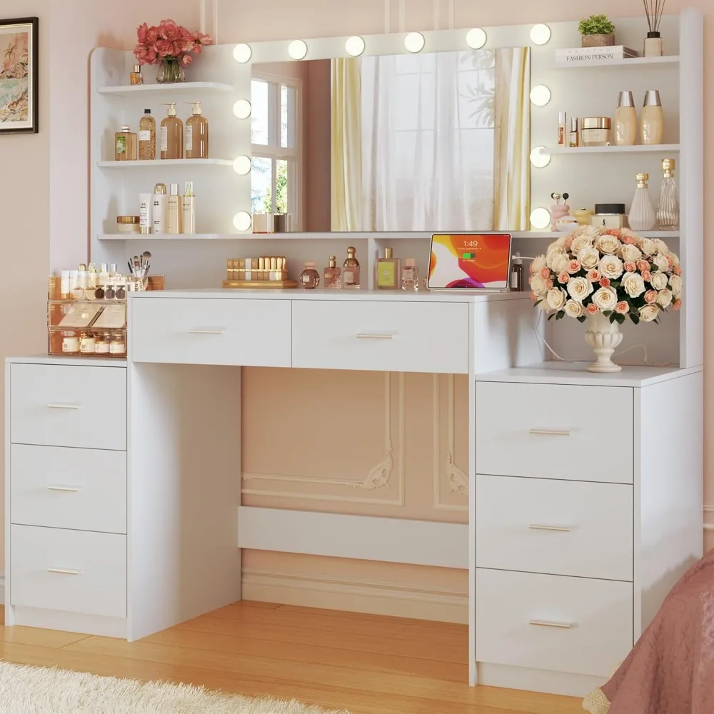 

Large Vanity Desk with Mirror & Lights, White Makeup Vanity with 8 Drawers & 6 Storage Shelves, Vanity Set with LED Lights and P