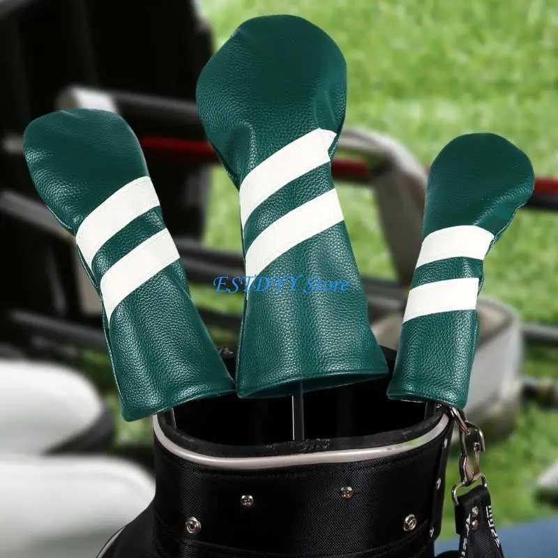 G6DE 3Pcs Stripe Pattern Driver Headcover PU Golfs Club Head Cover for Drivers and