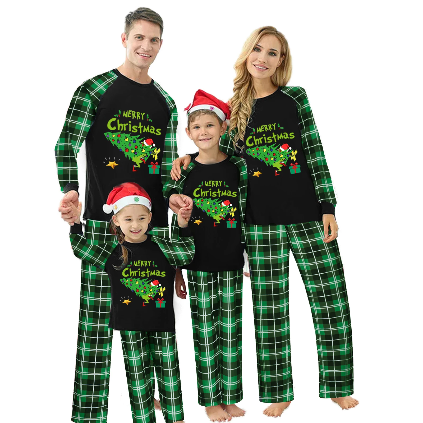 

Combhasaki Christmas Pajamas Set for Family Funny Elf Stole Tree Print Long Sleeve Tops +Plaid Trousers Holiday Night Loungewear