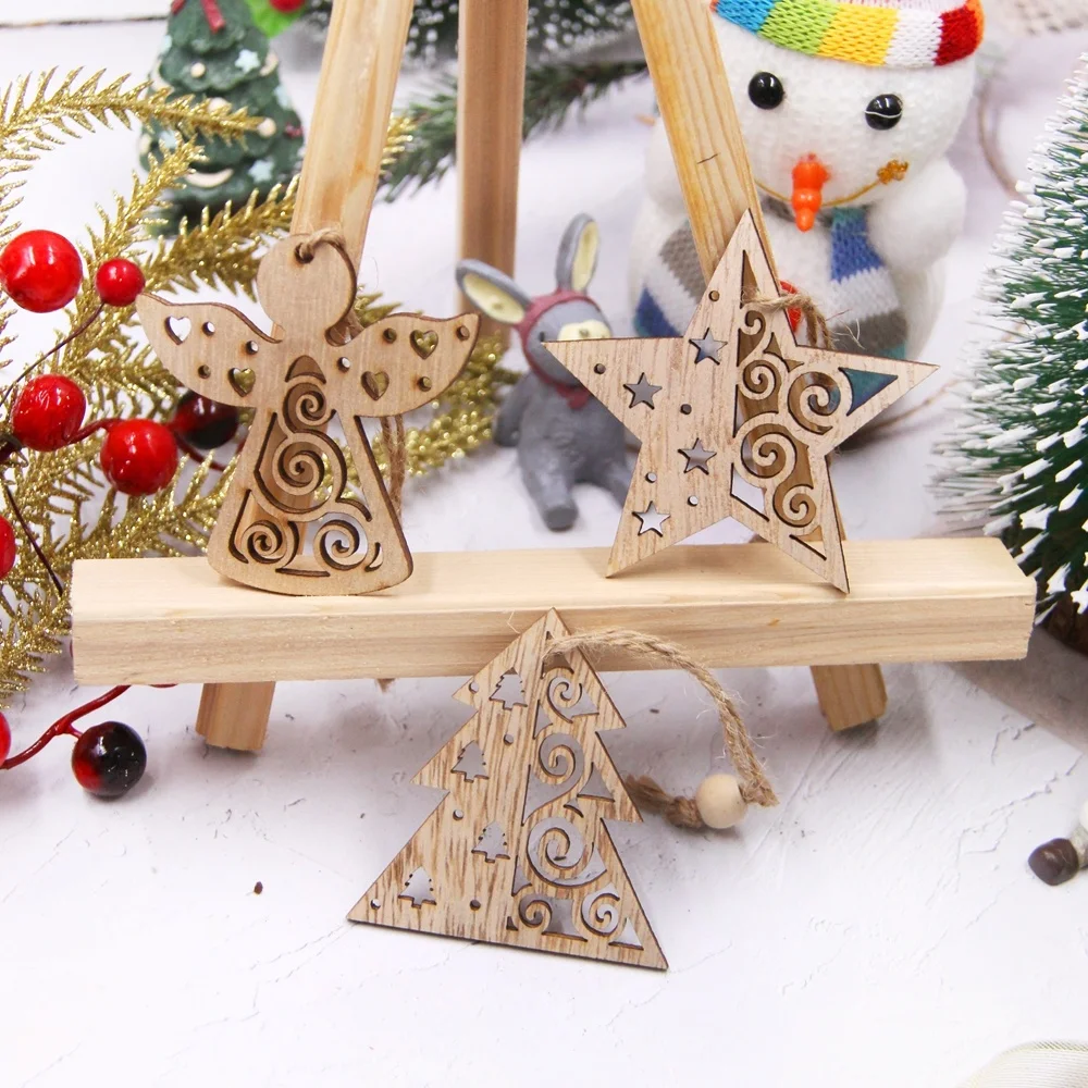 12PCS/Box Wooden Christmas Pendants Hollow Tree/Star/Angel Hanging Ornaments for Xmas Tree Decorations Kids DIY Painting Crafts