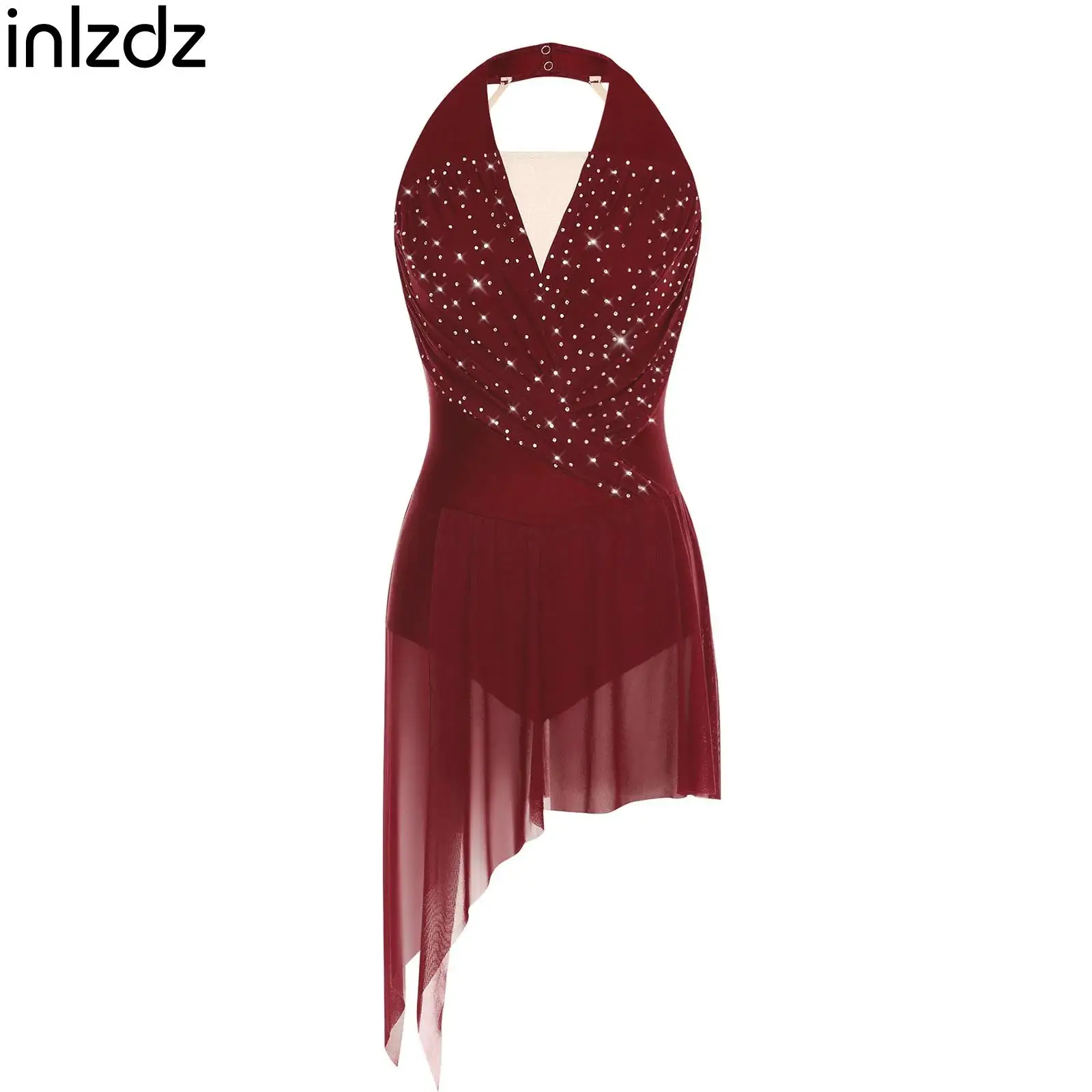 

Womens Latin Chacha Samba Dance Performance Costume Rhinestone Mesh Irregular Hem Leotard Dress Backless Figure Skating Bodysuit