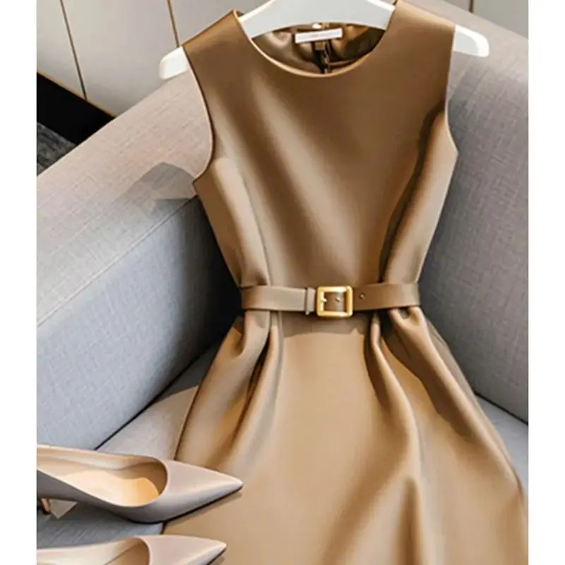 Elegant Women\'s Formal Dress With Belt Summer New Fashion Solid Color O-Neck Sleeveless High Waist OL Midi Party Vestidos