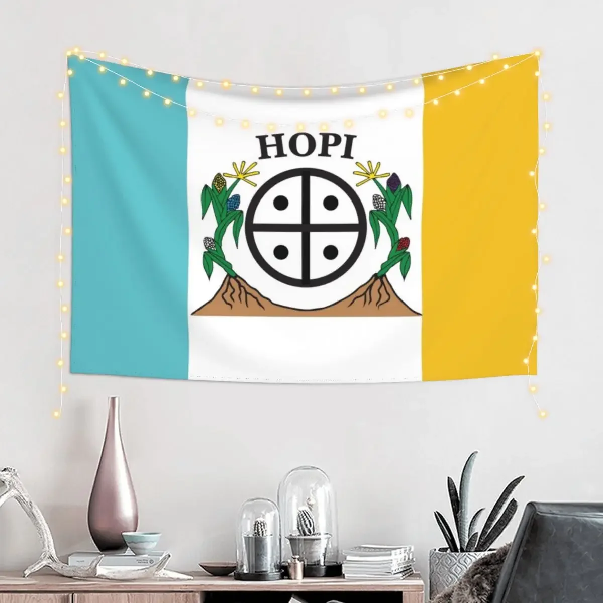 Hopi Nation Flag Naatoyla tricolour white yellow turquoise with corn and Hopi Symbol HD High Quality Tapestry