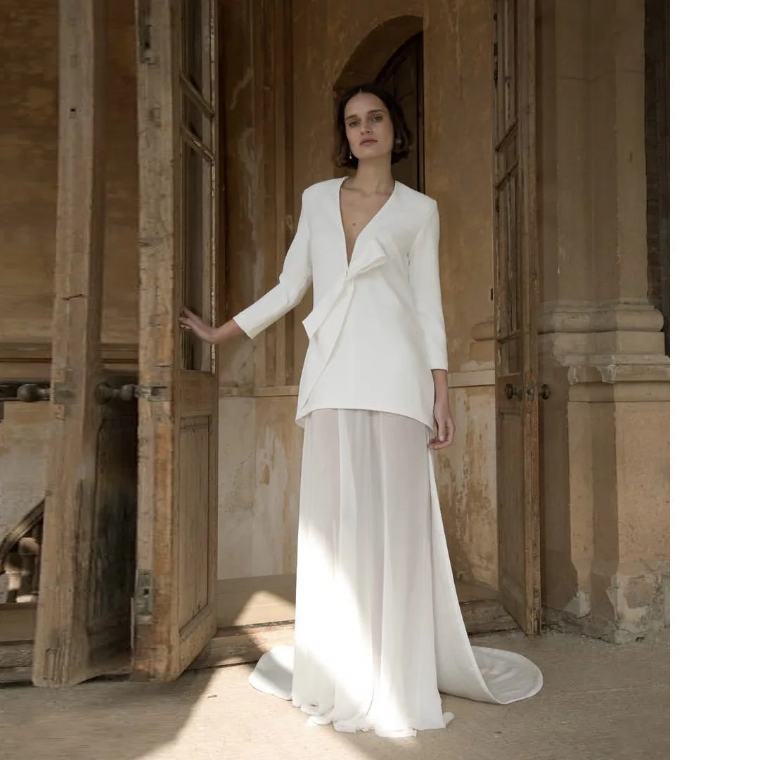 

New Couture Bridal Dresses See Through Prom Gowns Long Sleeves Train Custom Made A Line Bow Party Dress for Photography
