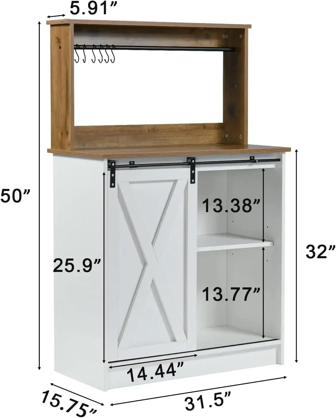 Farmhouse Coffee Bar Cabinet with 6 Hooks, White Coffee Bar Hutch with Storage