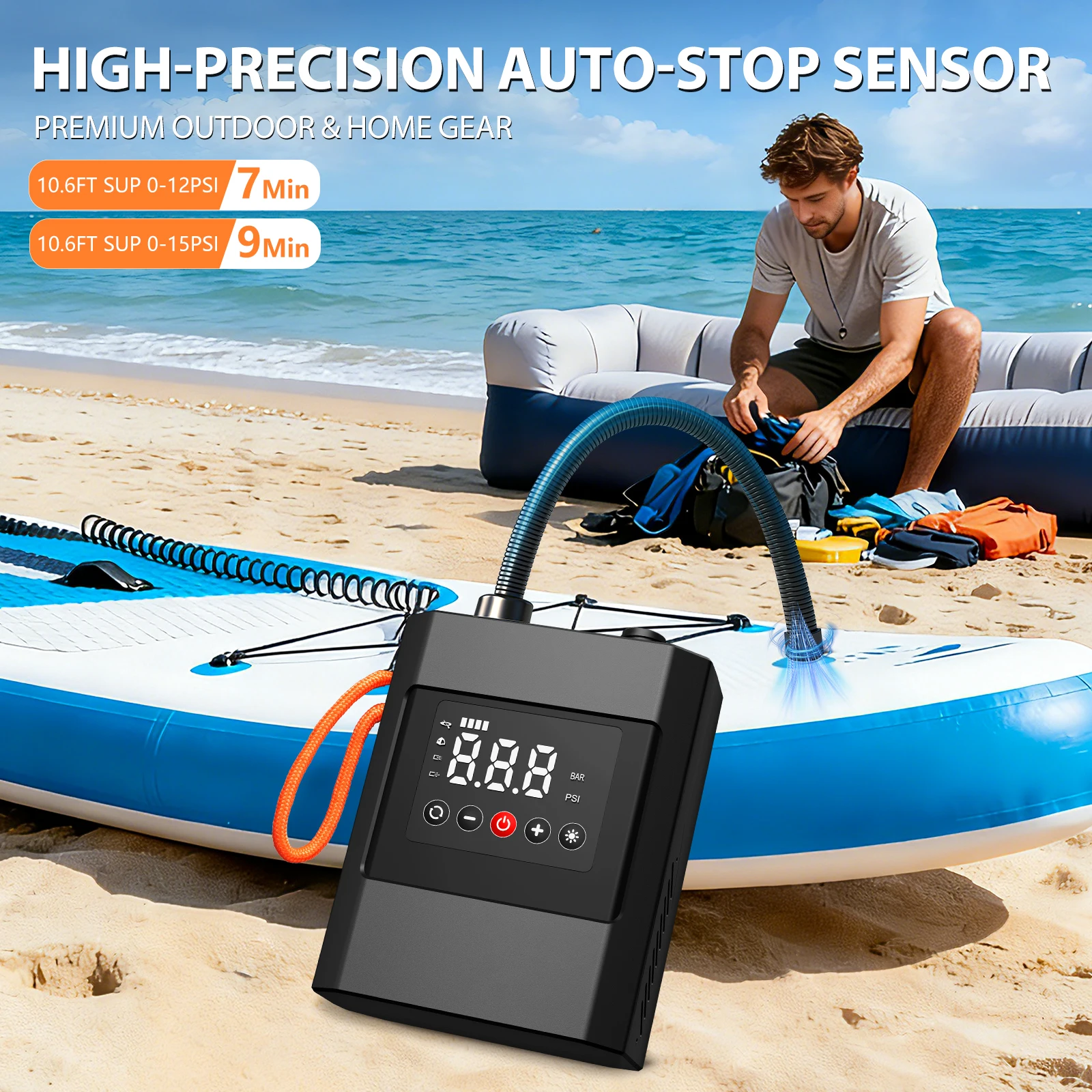 

Электрический насос для SUP-досок 20PSI с аккумулятором и двойным питанием от сети, портативный воздушный компрессор для надувных досок, каяков, лодок, палаток