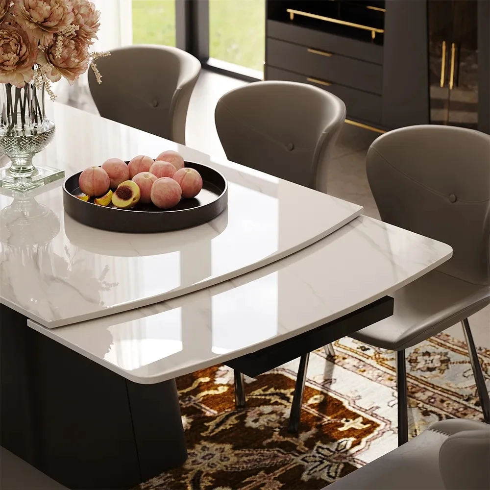 ！@Luxury Extendable Dining Table Set 6 Chairs Guangdong Furniture Factory Slate Stone Transformer Dining Table Set 6 Seater