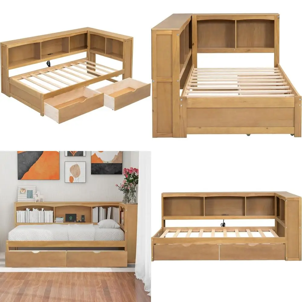 

Двуспальная кровать-софа с книжным шкафом, деревянная кровать-платформа с зарядной станцией, полками для хранения, USB-портом для детей, подростков и взрослых, из дерева