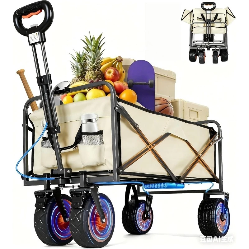 

Electric Collapsible Garden Wagon Cart with Wheel,Rolling Foldable Metal Utility Wagon Carts,100w Power and 300lb Capacity, Port