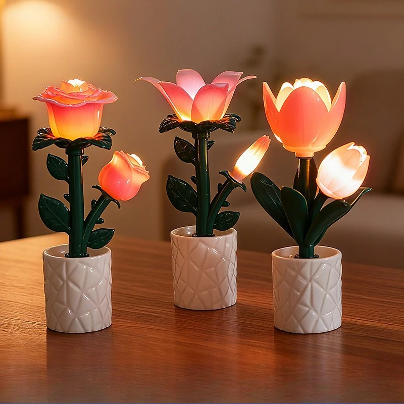 Assembly Flower Building Blocks Lamp Tulip Rose DIY Table Night Light Warm Decor Light Creative Present For Girl Friend