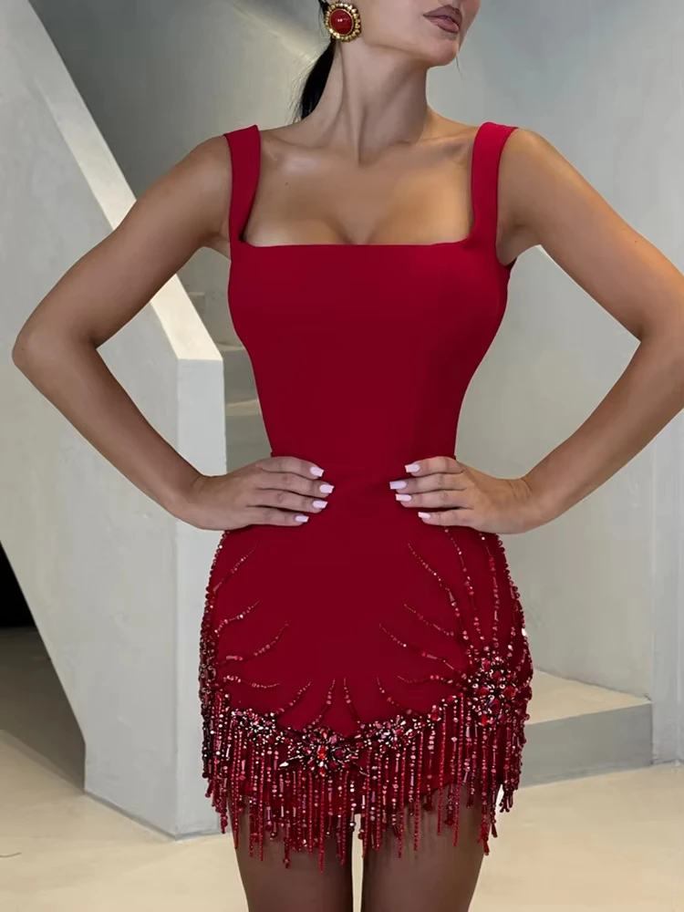 2025 nouvelles femmes Sexy réservoir dos nu diamants rouge Mini célébrité moulante robe de pansement élégant soirée Club robe de soirée