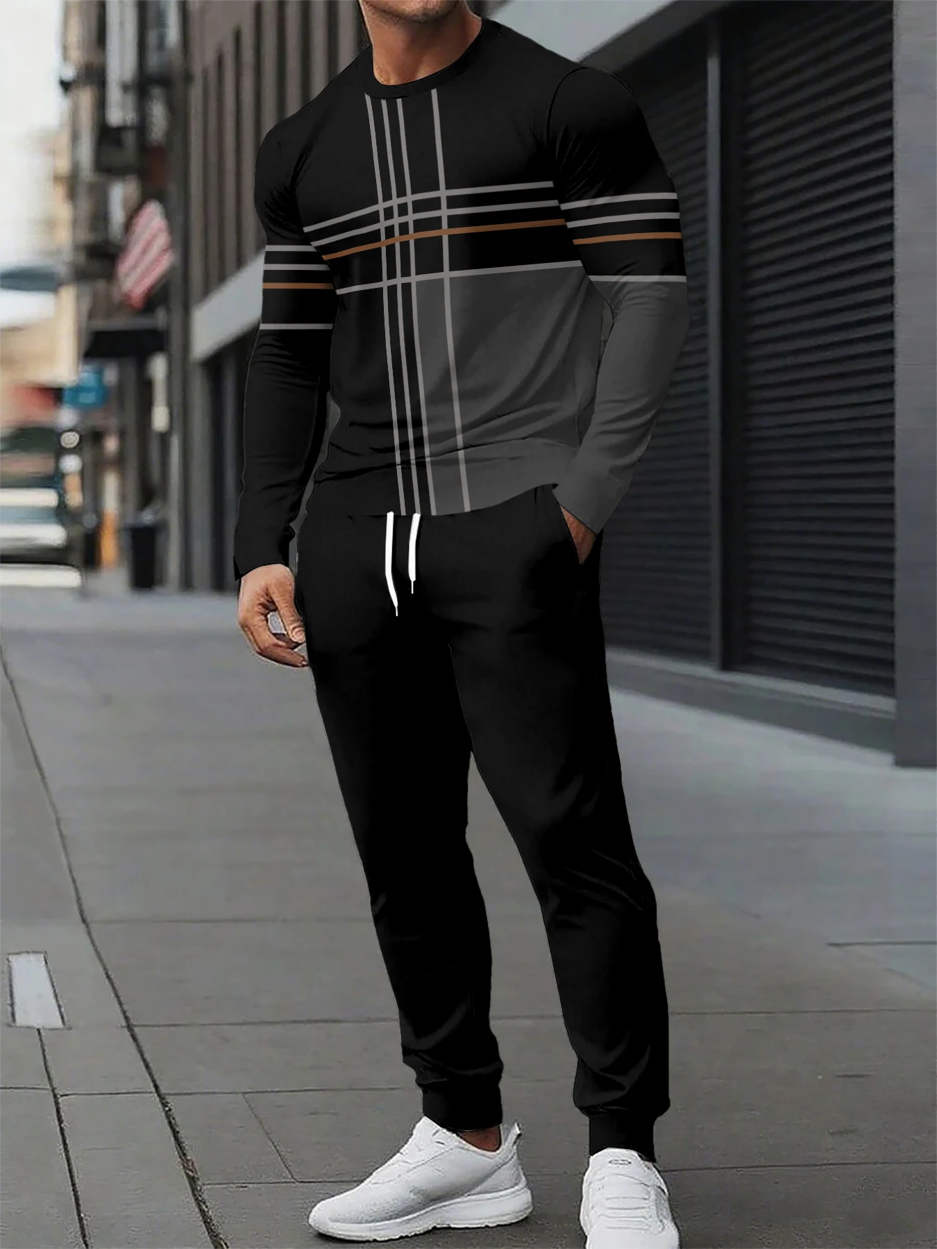 

Мужской модный комплект спортивной одежды, осенний повседневный длинный свитшот и брюки све, комплект из двух предметов, полиэфирное волокно