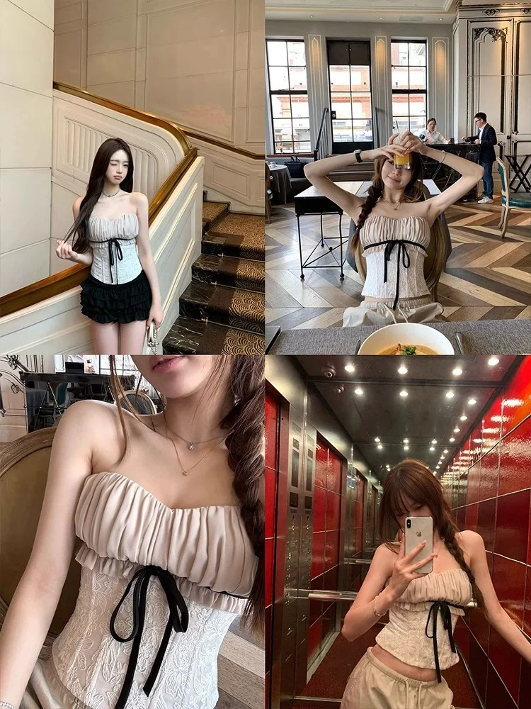 توب نسائي قصير بتصميم عقدة الفراشة الرومانسية، بحواف دانتيل ملونة، يبرز الخصر، مناسب للعمل، أنيق بلون واحد