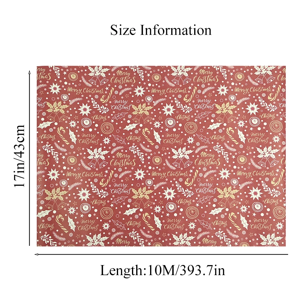 1 Roll 32.8Ft Kraft Christmas Wrapping Paper Roll Dull Red Leaves and Jingling Bell Design for Christmas,Holiday,Party Gift Wrap