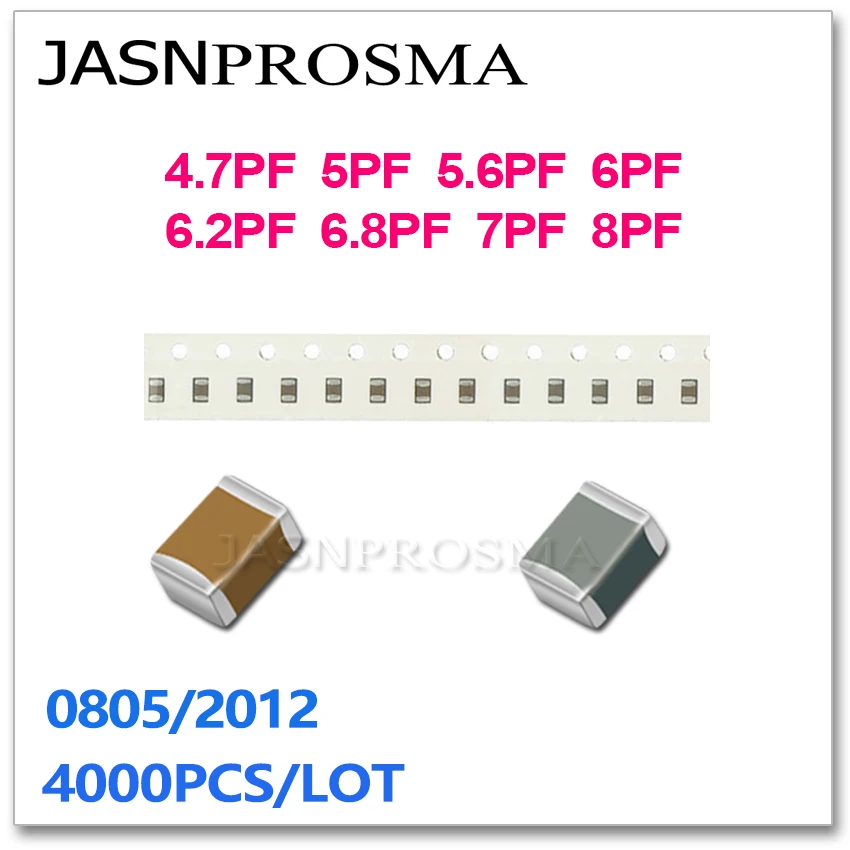 

JASNPROSMA 4000 шт. 0805 2012 COG/NPO RoHS 0,5% 5% 4,7PF 5PF 5,6PF 6PF 6,2PF 6,8PF 7PF 8PF 50V SMD Высококачественный конденсатор