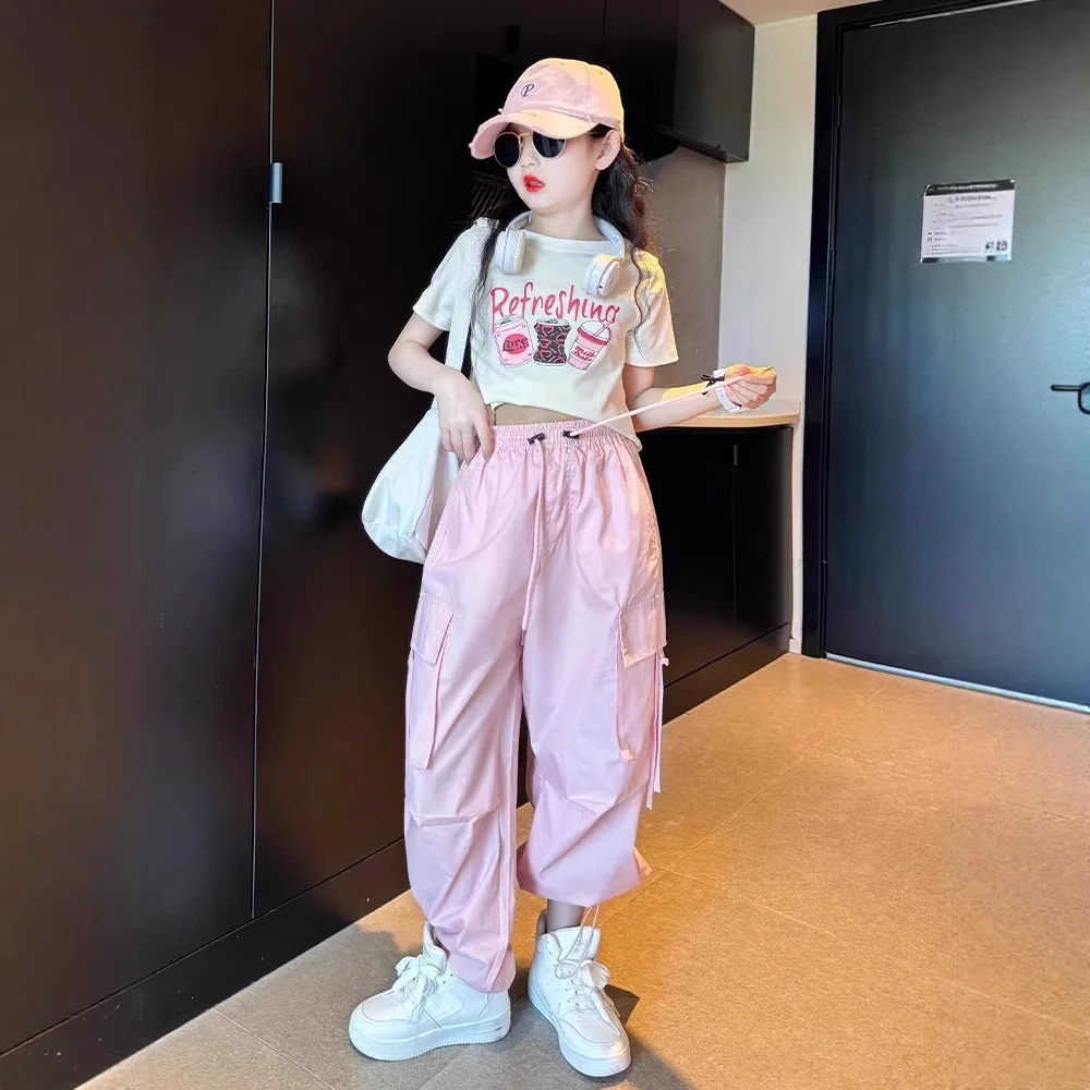 New Jazz Dance Summer Kids Children Set Girls Clothes T-Shirt + Wide Leg Cargo Pants Teenager Outfit 4 -18 Years
