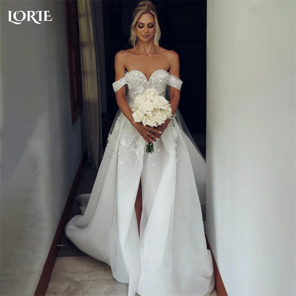 

LORIE Bohemia Glitter Lace Wedding Dresses Sparkly Off Shoulder A-Line Backless Bridal Gowns Side Slit Princess Bride Dress 2023