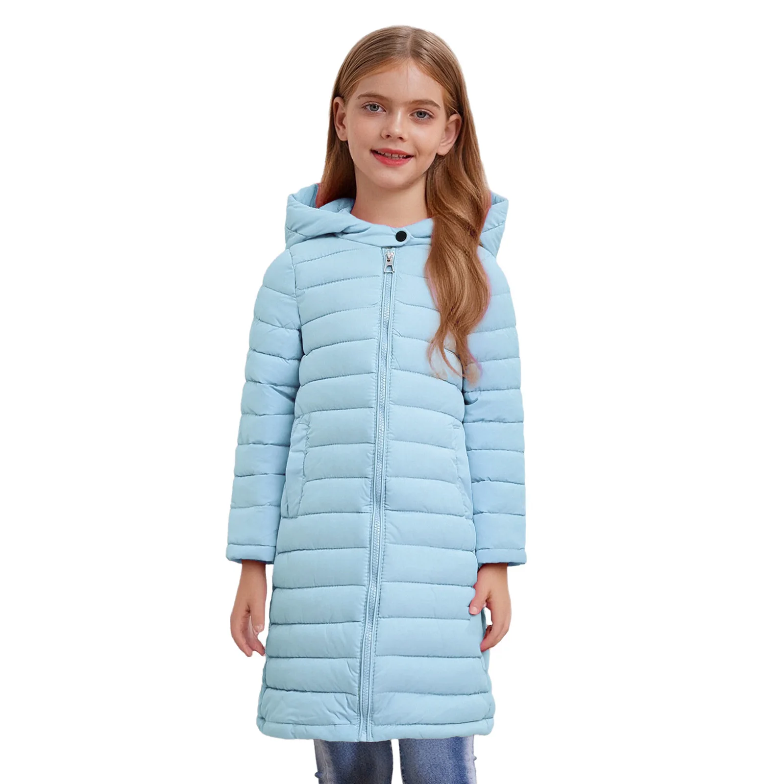 

Kids Girls Winter Warm Hooded Padded Coat Outerwear Lightweight Long Sleeve Zipper Solid Color Overcoat with Pockets Dailywear