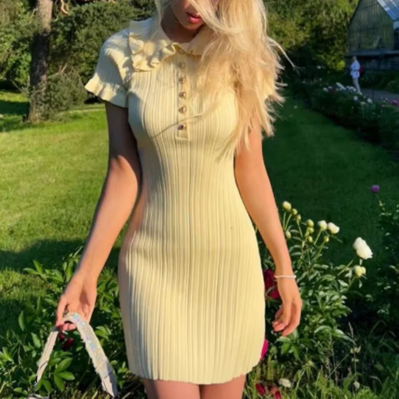 High Waist Ruffled Mini Dresses For Women Short Sleeve Knitted Slim Fit Dress Women's Vintage Dress Woman Elegant