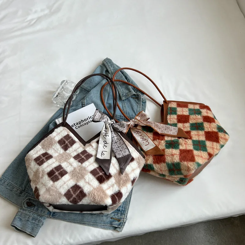 Bolso de hombro de celosía Vintage para mujer, suave y esponjoso bolso de mano, grande, ecológico, corazón, Invierno