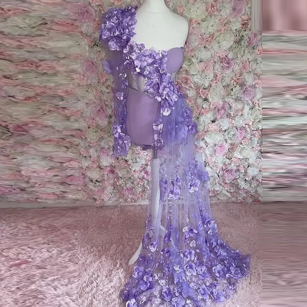 Purple Mini Prom Dresses With Handmade Flowers Beads Pearls Long Sleeves Women Birthday Party Dress Side Train Cocktail Gown