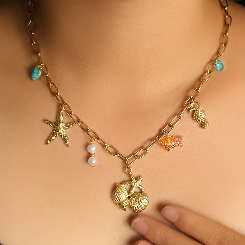 EILIECK 316L Edelstahl Goldfarben Seestern-Schildkröten-Anhänger Halskette Trendige Handgefertigte Halskette Wasserdichter Schmuck für Frauen – Detail 8