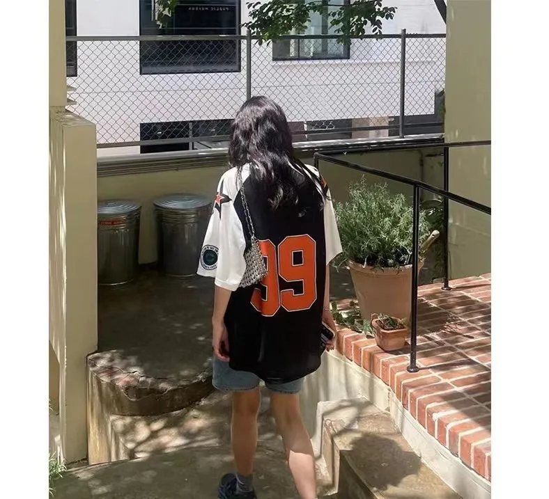 

Liu Zhimin Streetwear Sle Oversized ort Sve T-irt Color Blo Me Design Star Letter Print Cotton Summer Top