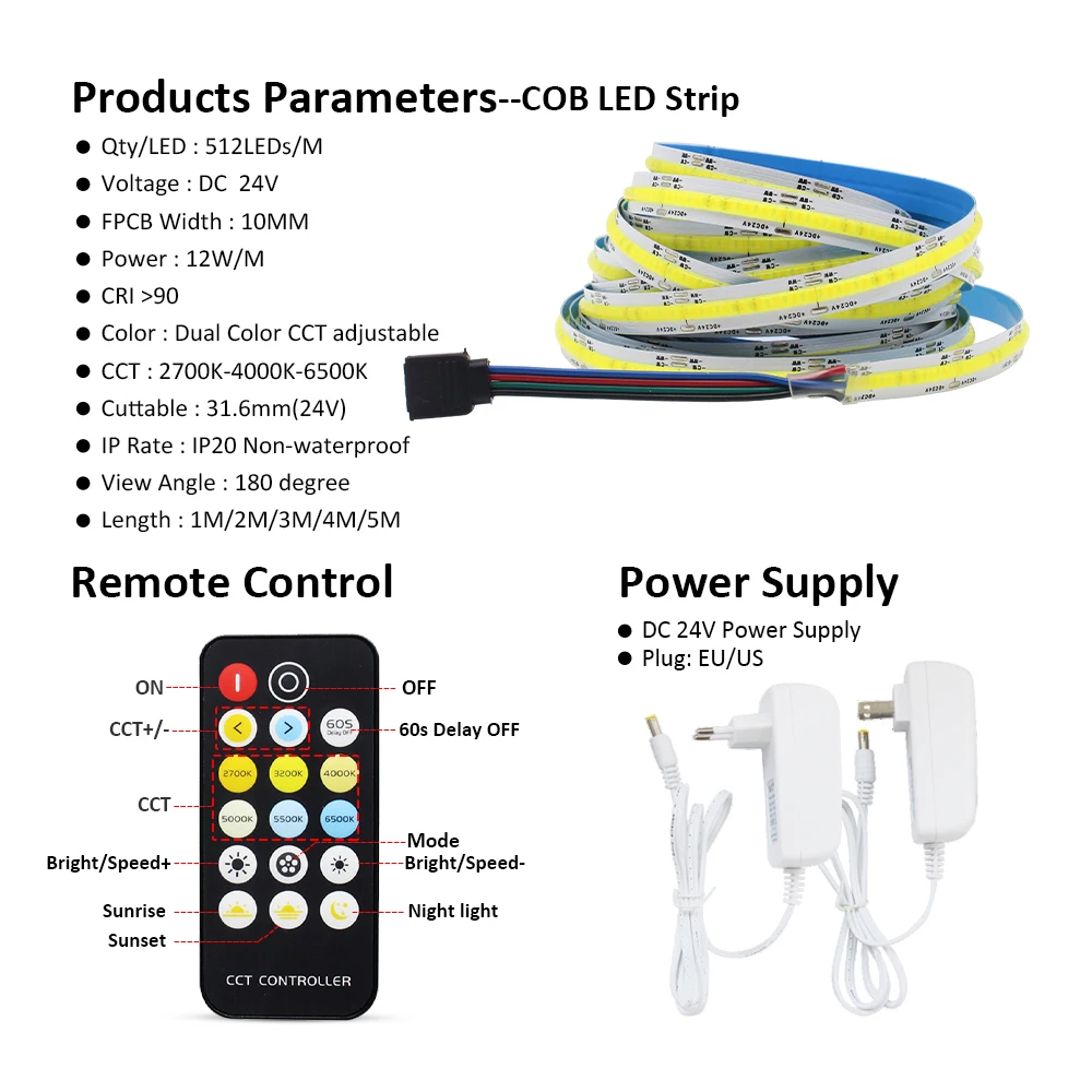 DC 24V CCT COB LED Strip Light Dimmable Kit 608 Chips 1M 2M 3M 4M 5M Dual White WW CW LED Tape Ribbon Lamp for Home Decor