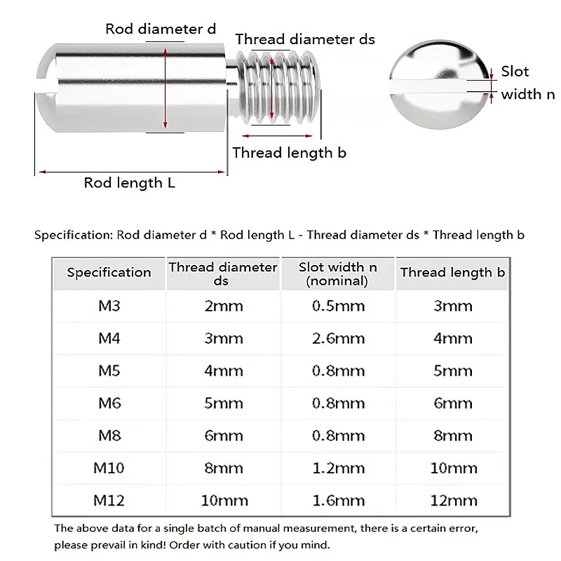 304 Stainless Steel M2 M3 M4 M5 M6 M8 M10 Slotted Dome External Thread Cylindrical Pins Locating Pin Shaft Headless Axial Screw