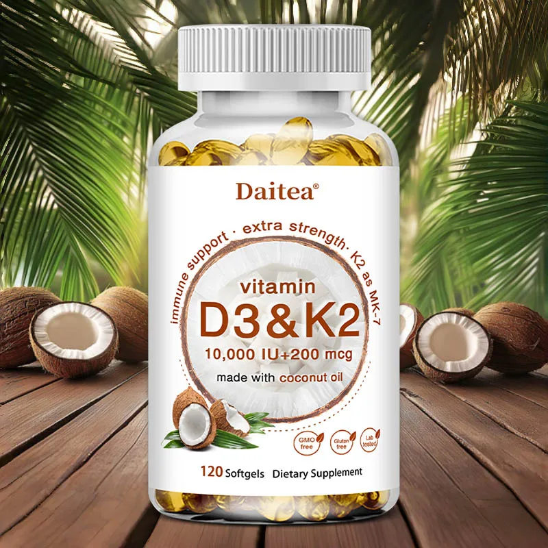 Suplemento de Vitamina D3 K2 2 en 1 en Cápsulas Blandas, 10000 UI VIT D3 + 200 MCG Vitamina K2, Favorece la Absorción de Calcio en los Huesos