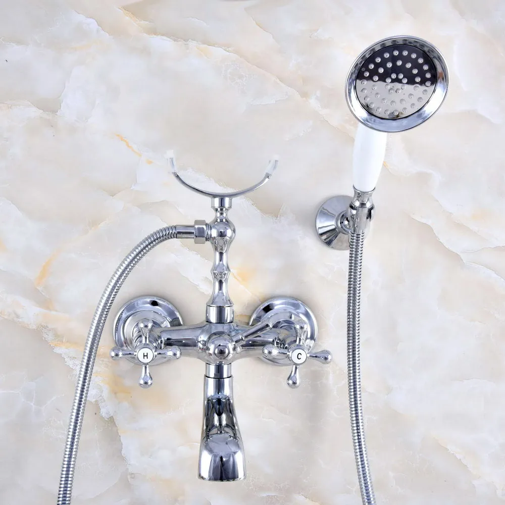 Silver Polished Chrome Brass Wall Mounted Bathroom Bath Tub Faucet Set with 1500MM Hand Held Shower Spray Mixer Tap 2na722