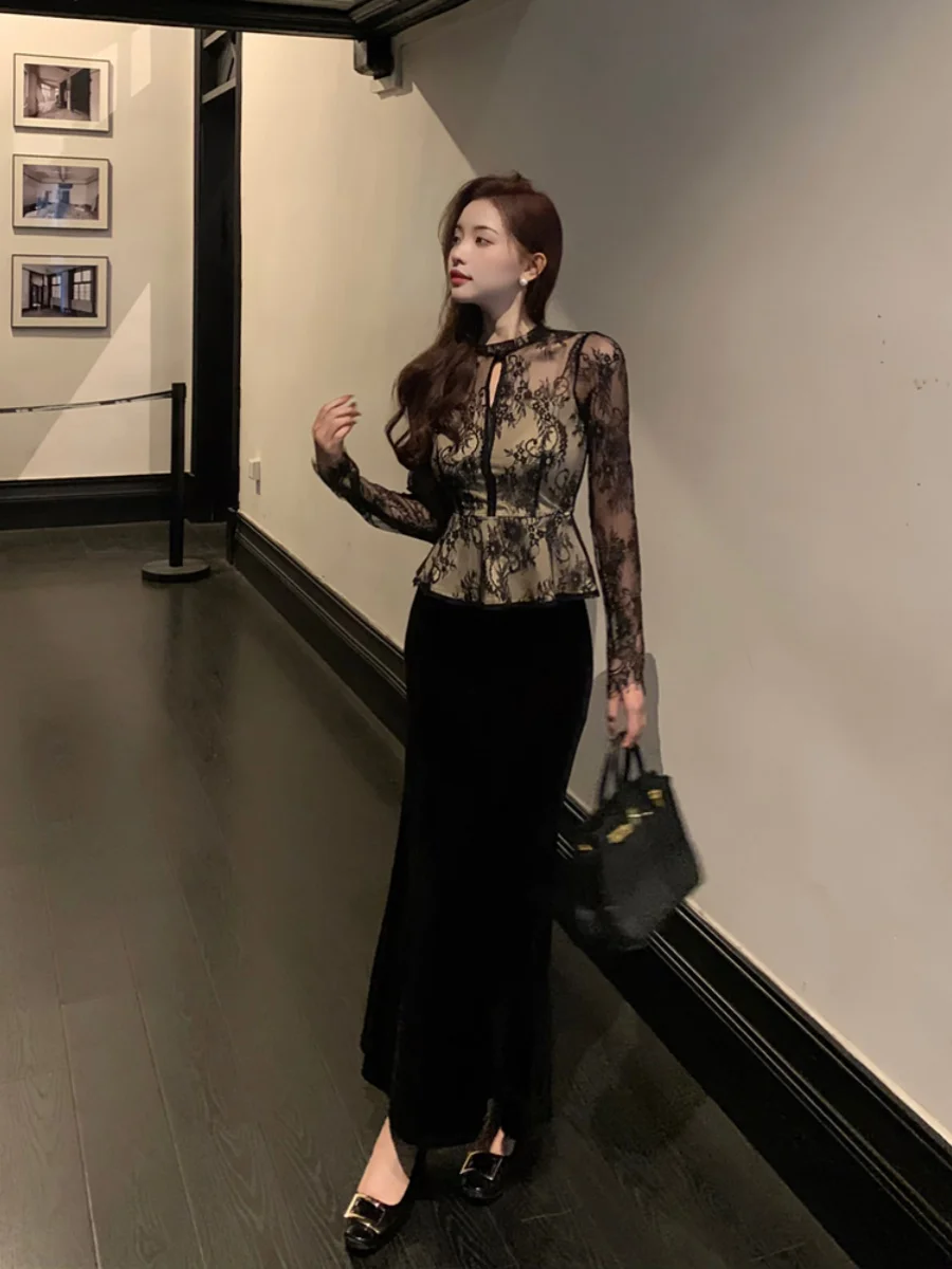 Ele Me dentelle longue Sve Base irt femmes printemps automne nouveau Sle Floral évider Design Faionable haut